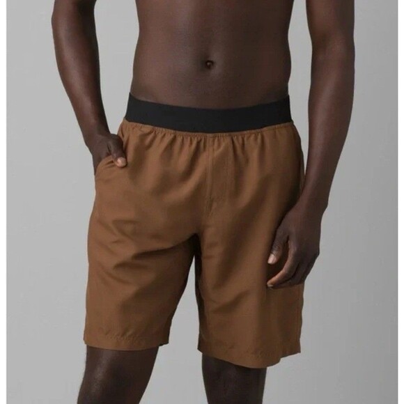 PRANA Mojo Shorts Men XL Carmel 10" Inseam Athletic Pockets Stretch Lightweight - Picture 1 of 12